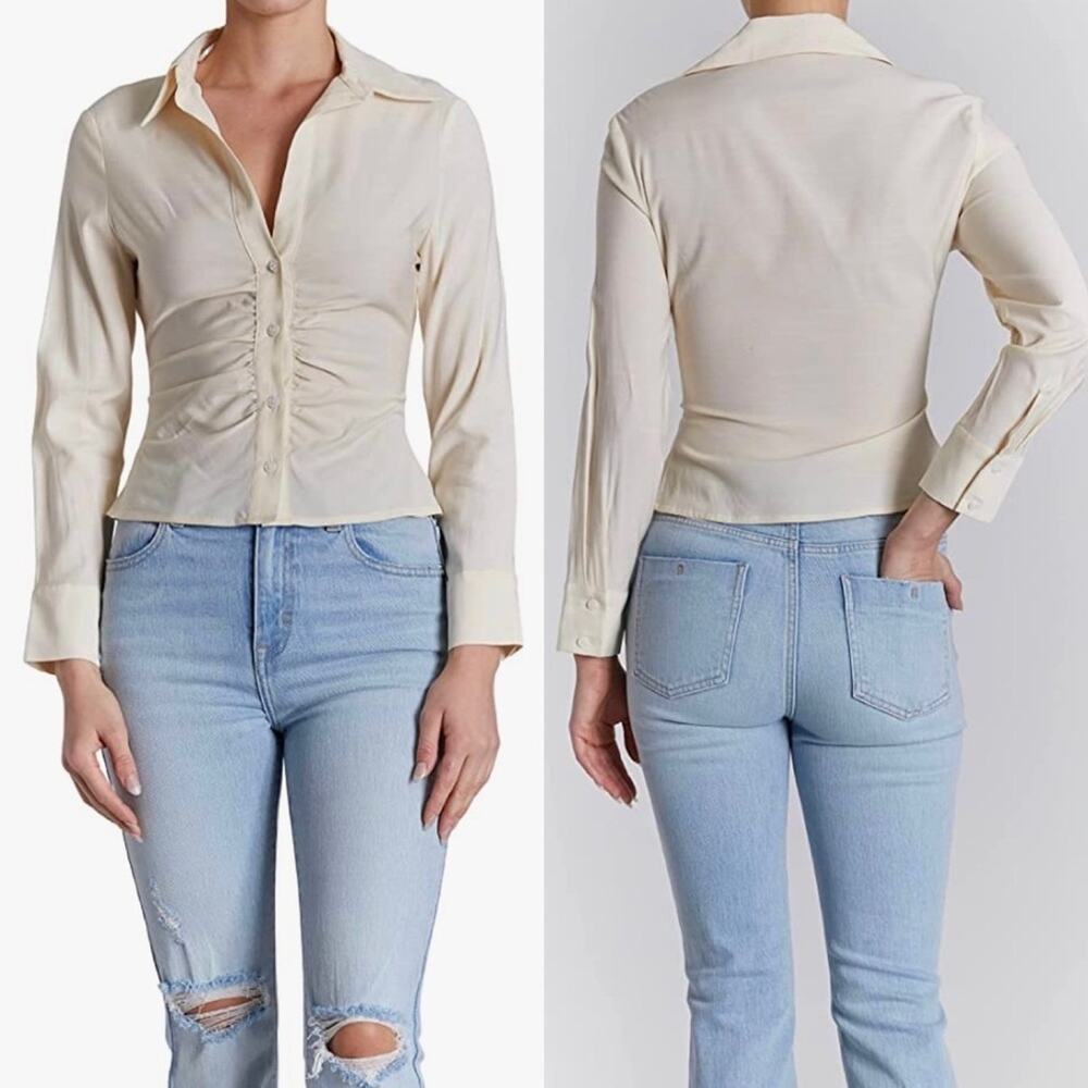 OAT New York Pale Yellow Contemporary Ruched Button Front Blouse